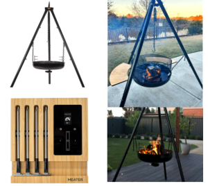 A collage of images featuring a tripod grill in various settings. The first image shows the grill alone; the second and fourth images show it with a fire lit; and the third image displays a set of four wireless meat thermometers.